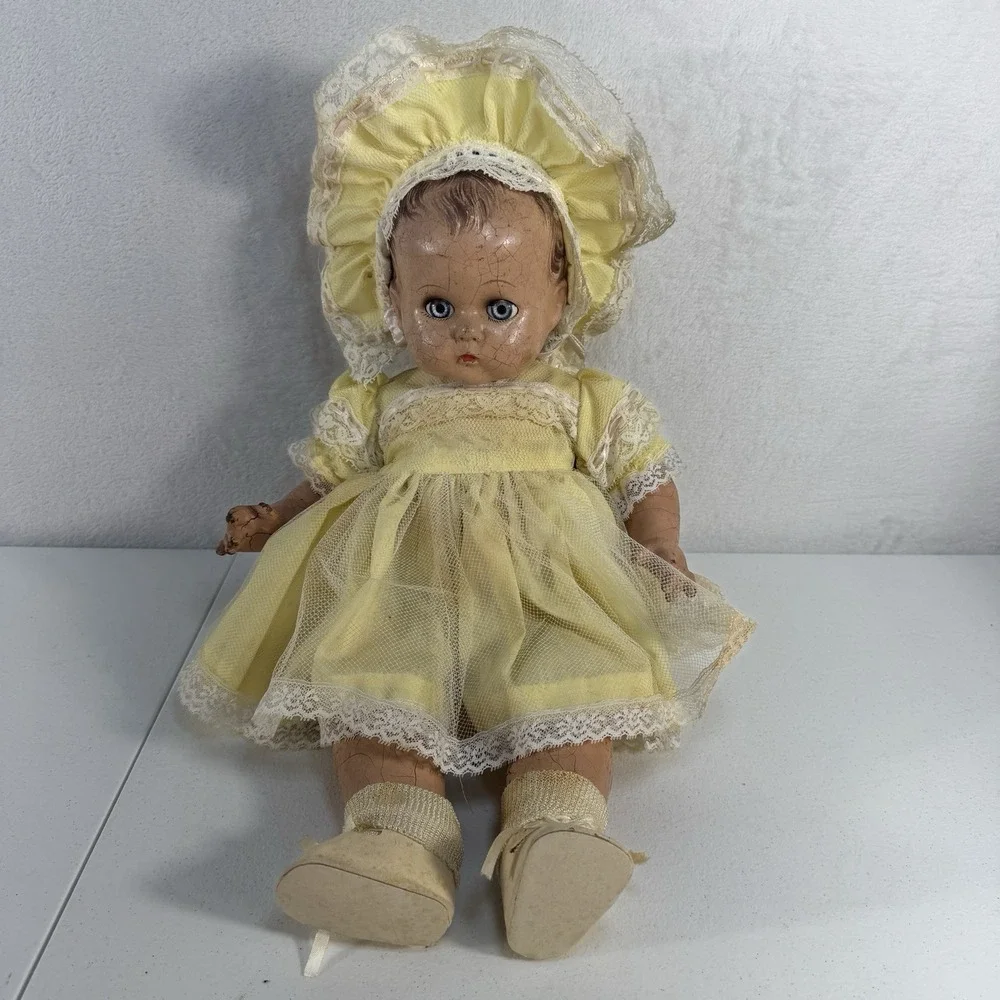 Antique Composition Baby Doll‎ Blue Sleepy Eyes Dress Shoes Socks Creepy Haunted
